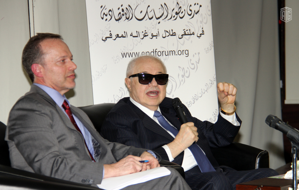 HE. Dr. Talal Abu-Ghazaleh inaugurates a discussion session with Dr. Jim Barnhart, USAID Mission Director for Jordan on USAID's role in the development of economy and education in Jordan