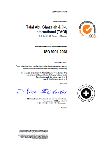 Talal Abu-Ghazaleh and Co. International (TAGI) receives   ISO 9001 Certificate and maintained meeting its requirements for the twelfth year respectively 