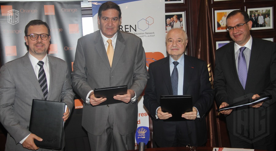 HE Dr. Talal Abu-Ghazaleh, Chairman of the Arab States Research and Education Network (ASREN), HE Dr. Khaled Toukan, Director General of the Synchrotron-light for Experimental Science and Applications in the Middle East (SESAME); and HE Mr. Jérôme Hénique, Orange Jordan CEO, launch the International Network for Research and Education.